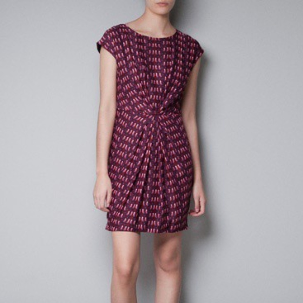 Zara TRF Trafaluc Draped Bird Print Waist Dress